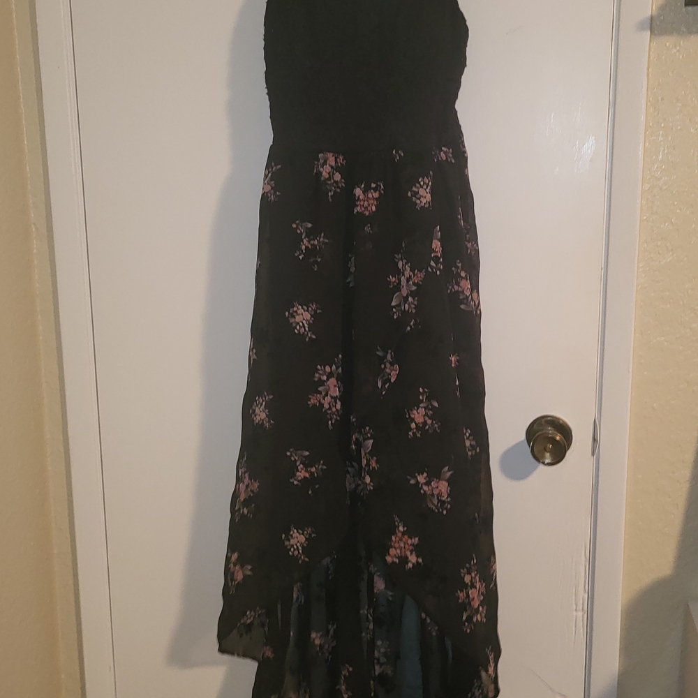 Lily Rose High Low Black Dress with Flocked Black And Pink Floral Design